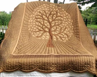 Tree of Life Quilt Bedding, Cotton Bedspread Quilt, Handmade Bed Cover Queen King Cal King Size Quilt, Commission Quilt, Brown bedroom idea