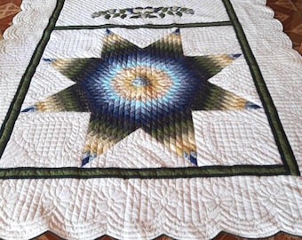 Blue green & yellow Lone star quilt, One-of-a-Kind Lone star Amish blanket, Star scallop quilt, Cotton hand quilted quilt, Rustic star decor