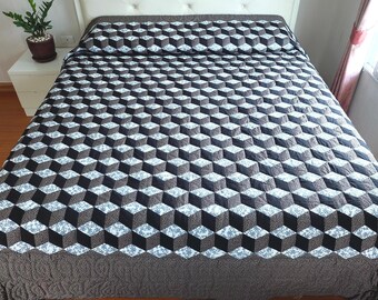 Tumbling Blocks Quilt King Size, Hand Quilted 3D Patchwork, Black Blue Cotton Heirloom Bedspread, Handmade Luxury Quilt, Masculine Bedding