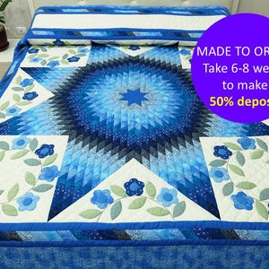 Personalization quilt gift for men, Birthday gifts idea, Made to order Amish star quilt Queen/ California king hand quilted quilt Blue decor