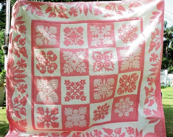 Museum-Quality Traditional Hawaiian Quilt block, Custom Sampler Design, Hand-Appliquéd & Hand-Quilted Heirloom, luxury bedroom decor