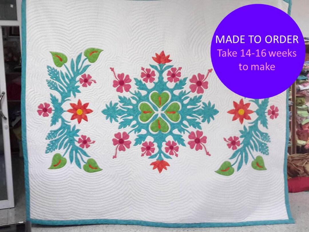 CUSTOM Hawaiian Applique Quilt King, Hibiscus & Anthurium Hand Applique