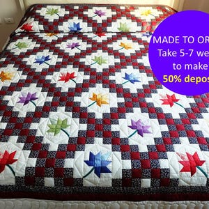 CUSTOM Fall leaves quilt, Double Irish Chain Maple Leaf Quilt, Colorful patchwork quilt, Amish blanket quilt, Handmade cotton quilt cover
