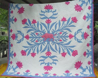 Wild Ox & Lotus flower Hawaiian quilt bedspread, Commission Handmade bedspread, Made to order Queen to Cal King Size, Floral Appliqued Quilt