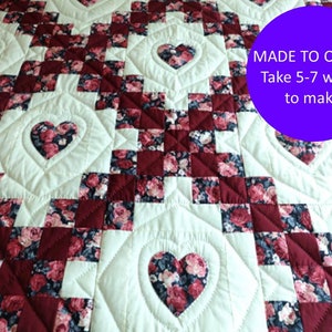 Patchwork dark red Double Irish chain quilt- Custom Irish chain handmade quilt, Appliqued heart bed spread, Hand made quilt gift for couple