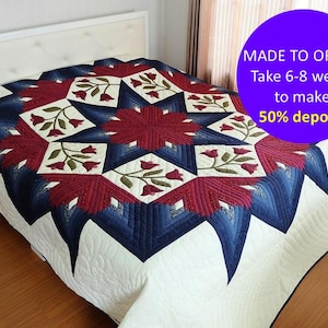 CUSTOM Farmhouse Amish Eight point star Quilt, Farmhouse quilt queen/ Cal King, Applique flower quilt, Cotton Blue and red quilt, Room decor