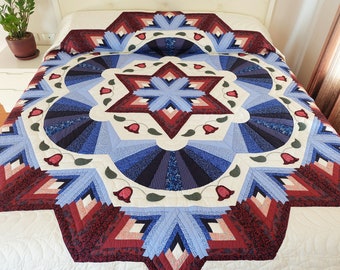 Log Cabin Fan Star Quilt King Size, Hand-Appliquéd & Hand-Quilted Heirloom Cotton Bedspread, Blue Dark Red Amish Style Luxury Patchwork Gift