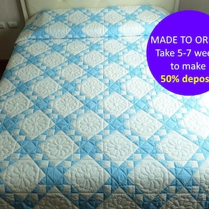 Ohio star patchwork quilt, Made to order quilt star, Ohio quilt blanket, Blue and white quilt bedding, Minimalist quilt, Blue bedroom decor
