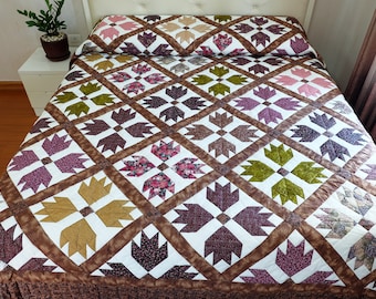 Bear Paw Hand-Quilted Quilt King Size, Rustic Brown Autumn Amish Style Patchwork, Heirloom Cotton Bedspread, Handmade Mountain Cabin Decor