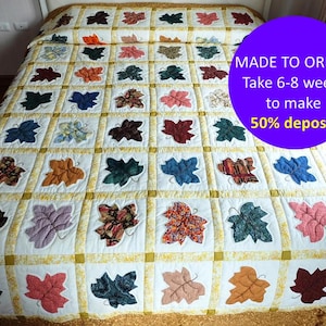 Herbst Ahornblatt handgemachte Quilt, CUSTOM Hand Applikation Maple Barn Quilt, Tagesdecke mit Blättern, Herbst Quilt Decke, Herbst Quilt und Dekor