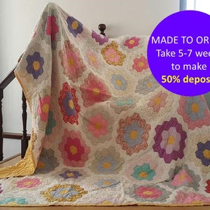 Hexagon handed quilts for Cyber Monday gifts, Sweet English Patchwork double bed size quilt, Grandmother&#39;s flower Garden quilt for Christmas