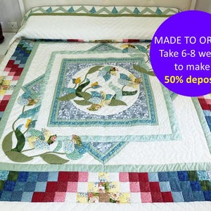 CUSTOM GIFT for bride and groom, Amish handmade quilt queen/ king, Blue and green quilt blanket, Flower window quilt, Spring quilt & decor