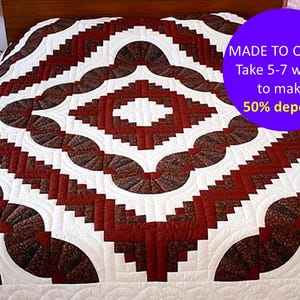Log cabin fan quilt MADE TO ORDER, Custom handmade blanket quilt, Red log cabin quilt, New king/ queen size quilt bedspreads, Burgundy decor