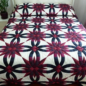 Wedding star king size quilt, Red black double wedding ring quilt, Homemade king quilt, Amish handmade quilt, Cotton bedding, Handmade gift