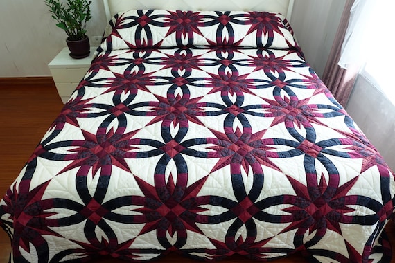 Double Wedding Ring Star Quilt, Burgundy Navy Black Patchwork Bedding, One of a Kind Handmade Cotton Amish Style Blanket Heirloom Decor Gift