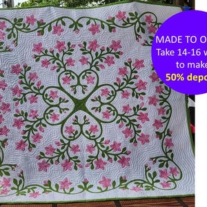 Hawaiian styled quilt, Hawaiian handmade quilt bedspread, MADE TO ORDER Hawaiian quilt king size, Hawaiian queen quilt, Handmade bed quilt