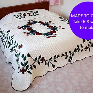 Hand Appliqued Floral Quilts, Appliqued Flower Quilts, One of a kind custom handmade quilt, Hand stitched quilt, Bed cover handmade quilts