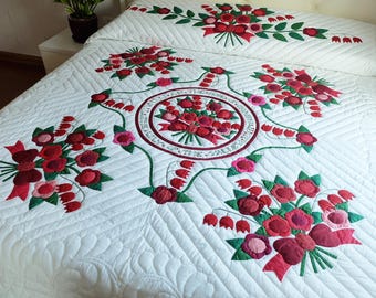 Couette style amish rose de Sharon appliquée à la main : couvre-lit en coton floral rouge, courtepointe héritage personnalisée, literie Queen to California