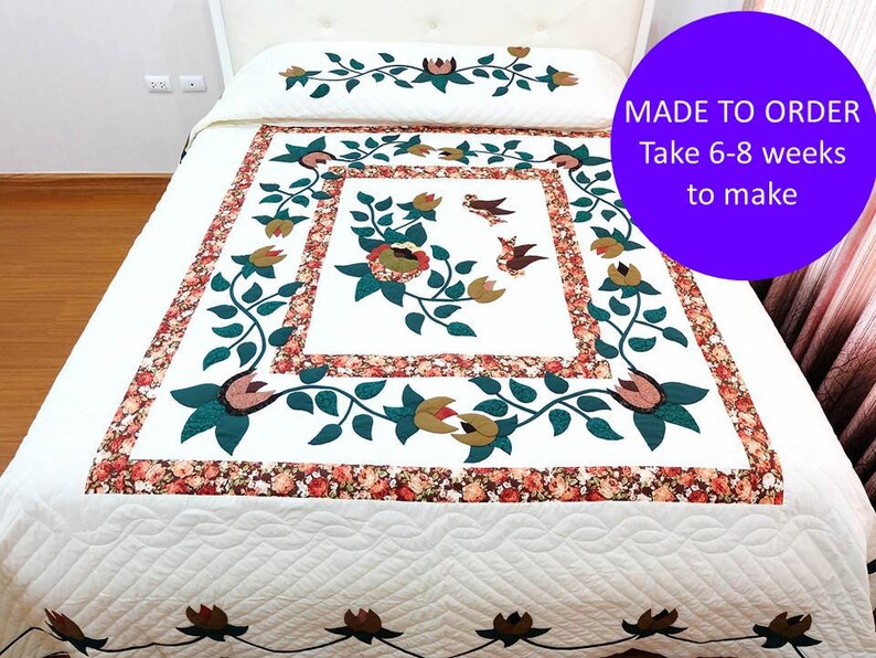 White Handed Quilt King Size Birds With Flowers Appliqued Etsy