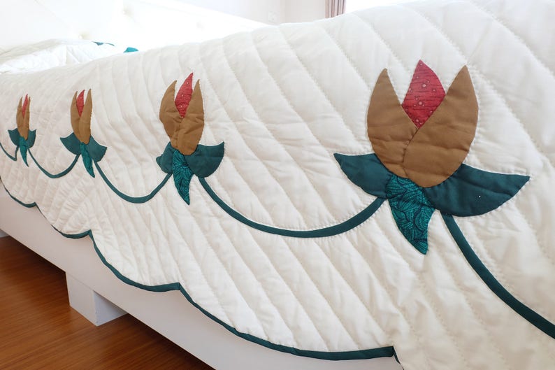 White Handed Quilt King Size Birds With Flowers Appliqued Etsy