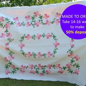 King Size Quilt Handmade, Made to Order Quilt, Floral Quilt queen Size, White Cotton Quilt King, Quilt for Sale Handmade Pink Green Flowers