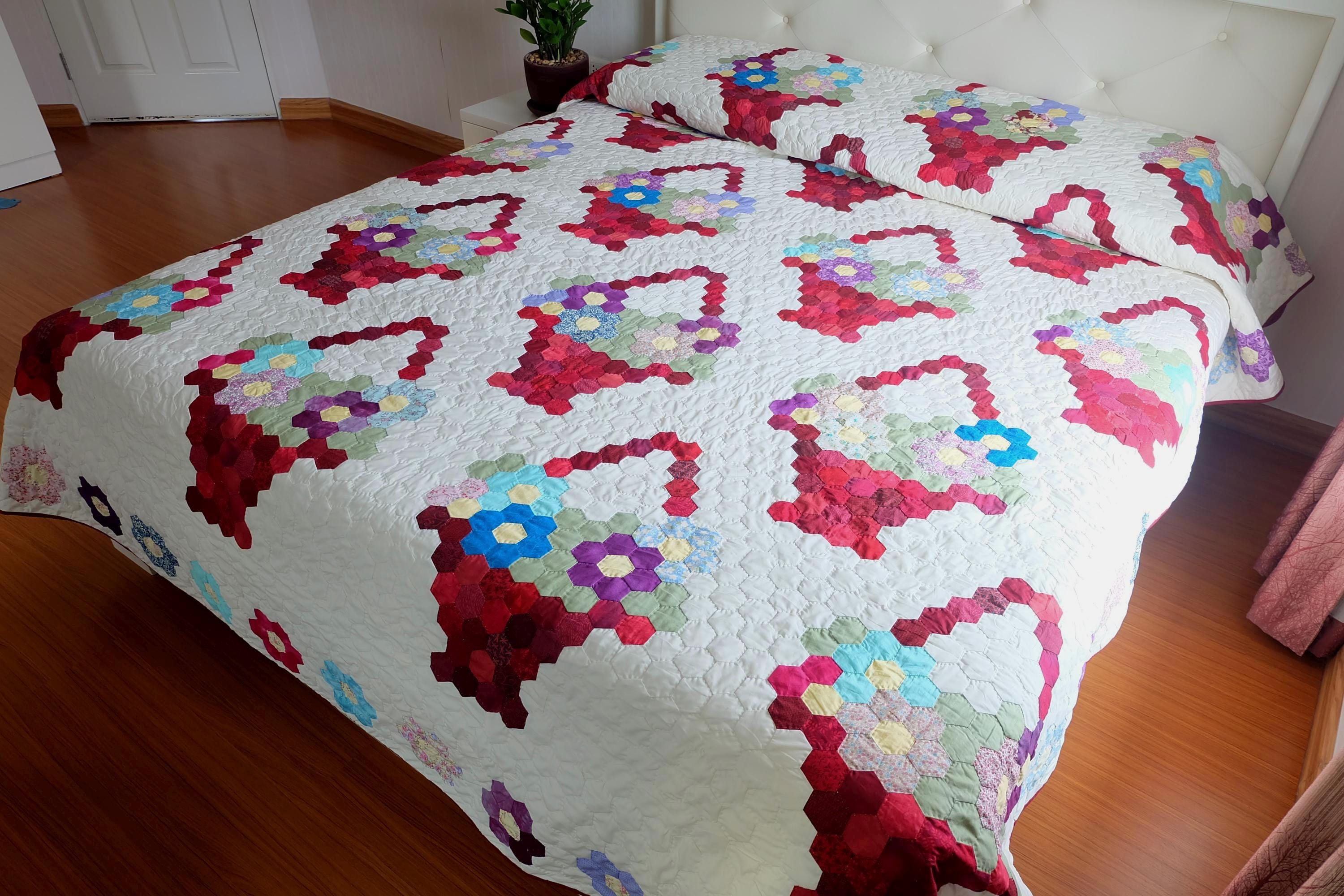 Hand-quilted Hexagon Flower Basket Quilt, Grandmother's Flower Garden ...