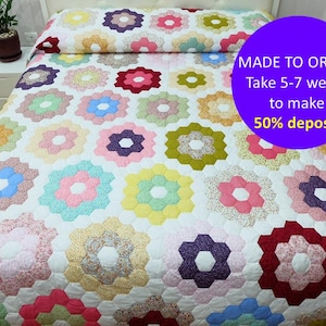 Handmade to order pastel quilts, Flower Garden Hexagon Quilt, Hand Sewn Hexagon Quilt, Patchwork bedding, Queen/ Cal king quilt bed coverlet