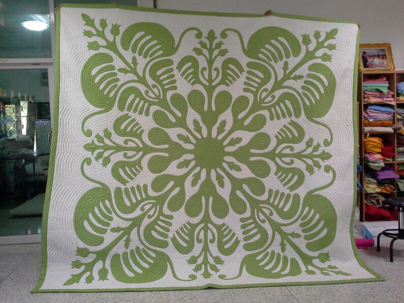 Green Quilt Queen Green and White Quilts Hawaiian Quilts Etsy