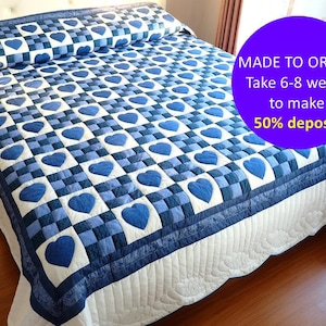 Nine patch quilt blanket, Applique heart quilt comforter, Amish Patchwork Quilt, Queen size duvet cover, King size handmade quilt, Blue gift
