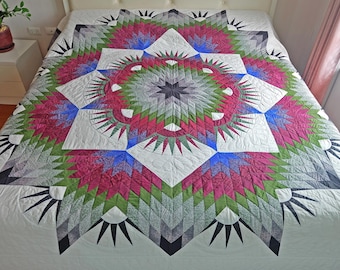 Handmade Amish Broken Star Quilt: Green, Burgundy, Blue & Black Bedding, Custom Queen, King bedspread