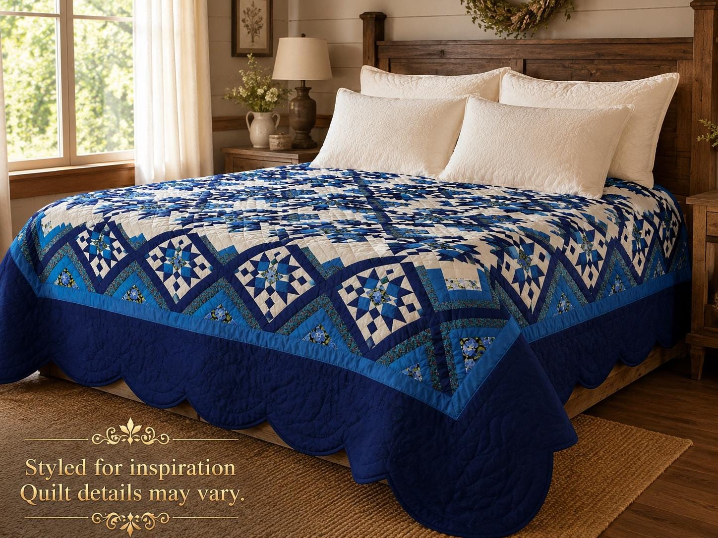 Oversized King Amish Heritage Quilt, Hand Quilted Log Cabin Star