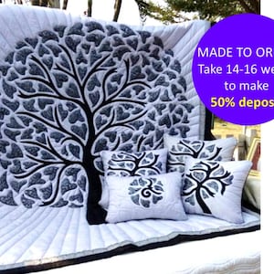 Cyber Monday quilt gifts, Hand appliqued quilt Thai cotton Fabric, Hand Stitched king size bed quilt, Black and white handmade custom quilt