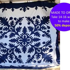 Custom made BREADFRUIT Hawaiian quilt, Hand quilted & hand appliquéd Hawaiian quilt, Queen/ Cal King size quilt, Custom blue quilt bed cover