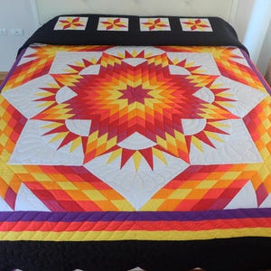 Mariners Compass Star Quilt, handgefertigte Patchwork-Tagesdecke aus Baumwolle, rot-orange-violett, Queen- und California-King-Size, Geschenkidee für Hüttendekoration