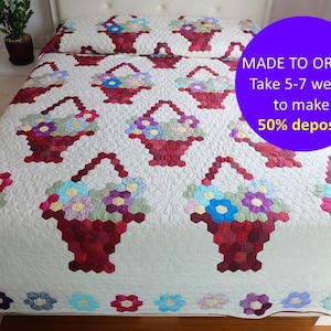 Hand Quilted Hexagon Flower Basket CUSTOM QUILT, Grandmother&#39;s flower Garden quilt, King/ queen Amish Cotton quilt, Heirloom Bedroom Decor