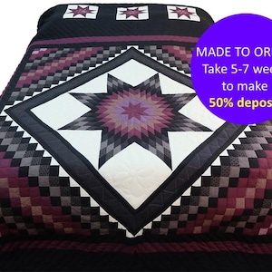 Lone Star in Commons CUSTOM QUILT blanket, lone star quilt, Amish patchwork quilt, Purple & black quilt bed, Queen/ king Cal king size quilt