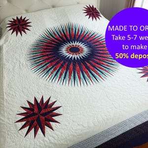 Amish Starburst CUSTOM QUILT, Country Star burst quilt, Handmade star quilt, Patchwork quilt, Red and blue quilt, Amish country decor & gift