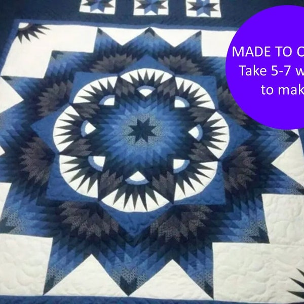 Unique diamond star cotton quilt blanket, Unique gifts for couple, Throw blanket quilt for bed, Dark blue quilt queen, King size bedspread