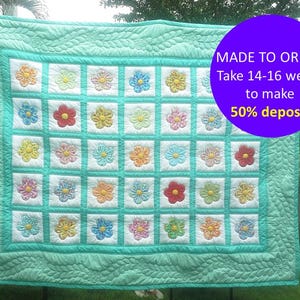 CUSTOM Hand appliqued flower quilt, Handmade Pastel Floral quilt block, Hand quilt bedspread, Mint blanket, Hand stitched quilt comforter