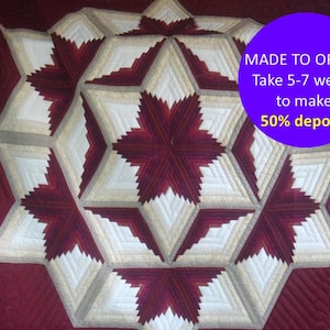 CUSTOM gift for women, Log Cabin Broken Star Amish design Quilt, Made to order log cabin quilt, Broken star quilt, Amish star quilt custom