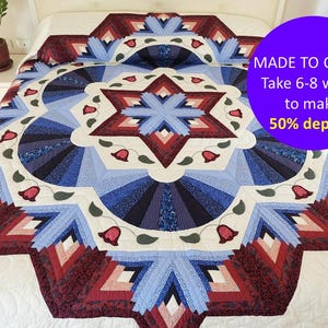 Handcrafted quilt Log cabin star quilt, Custom Log cabin Amish quilt, Handcraft quilt queen, California King size quilt, Handmade home decor