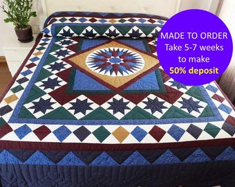 1960年代のモダンなパッチワーク、手縫いのキルティングと刺繍が施され