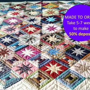 Stars over Cabin patchwork quilt, CUSTOM Log cabin star quilt, Handsewn quilt, Hand sewn gifts Multicolor quilt blanket, Colorful bedrooms