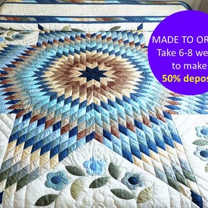 Lone star quilt, Amish Improved Lone Star quilt, Blue flower quilt, Baby blue patchwork quilt, Custom handmade quilt, Bedspread quilt king
