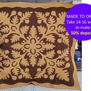 Personalized Hawaiian quilt, Hawaiian hand applique quilt, Heirloom quilt, King/ Queen bedspread quilt, Pacific quilt, Brown blanket duvet