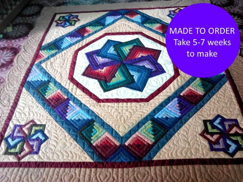 Spinning Star & Log Cabin Patchwork Amish Quilt Custom Order Etsy