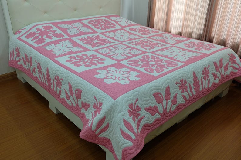 Hawaiian Quilt Queen Hawaiian Quilt King Pink and White Etsy