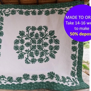 Monstera Hawaiian hand applique quilt, Tropical Hawaiian Quilt blanket, Homemade quilt queen, King size quilt, Green cotton quilt Home décor
