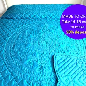 Personalized handmade whole cloth quilt gift, Personalized quilting gifts, Turquoise Reversible Whole cloth handmade quilt, Reversible quilt
