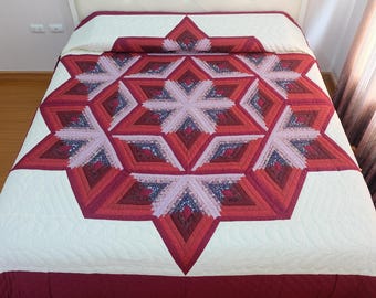 Custom Amish Style Quilt, Hand quilted quilt, Log cabin broken star quilt, Queen to California King Size Bed Cover, Cotton Patchwork Quilt